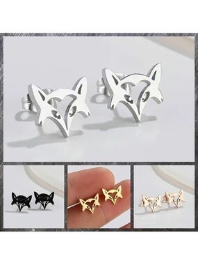 Fox Face Stainless Steel Stud Earrings #817 (Color: Silver)